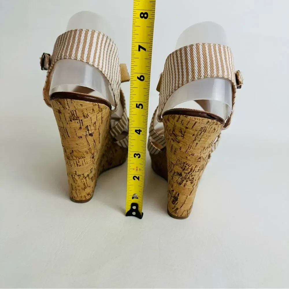 Chinese Laundry Women's Striped Strappy Wedge Sandals Cream Tan‎ Shoes Size 8.5